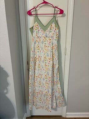 In Bloom White Floral Slip Dress with Sage Trim